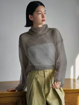 Женский топ FRIFUL, прозрачная сетка, объемные плечи, длинный рукав, воротник с рюшами, темно-серый