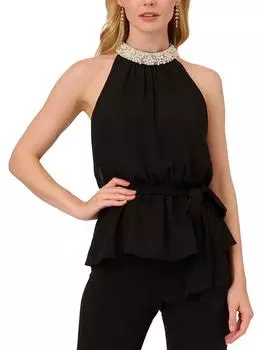 Женский топ-халтер с отделкой драгоценными камнями и сборками Adrianna Papell, черный