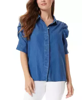 Женский топ из денима с рукавами-фонариками и сборками Sam Edelman, синий