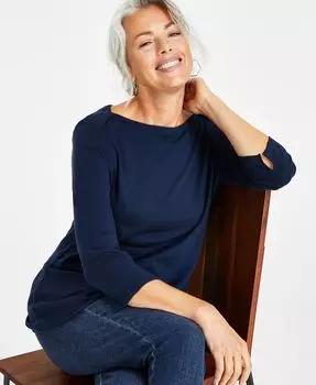 Женский топ из хлопка пима с рукавом 3/4 и вырезом «лодочкой», стандартный и ампер; Миниатюрный Style & Co, цвет Industrial Blue