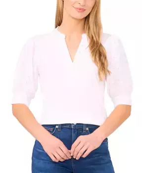 Женский топ из хлопка с пышными рукавами и комбинированными материалами CeCe, белый