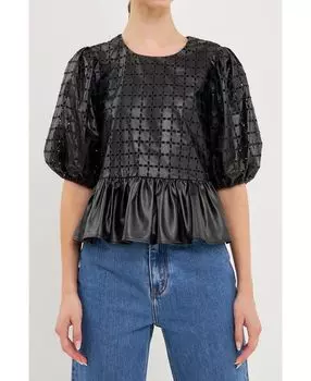 Женский топ из искусственной кожи с баской English Factory, черный