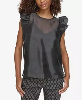 Женский топ из органзы с рюшами на плечах KARL LAGERFELD PARIS, черный
