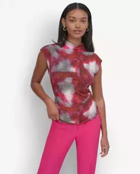 Женский топ из присборенной ткани с воротником-стойкой DKNY, фуксия