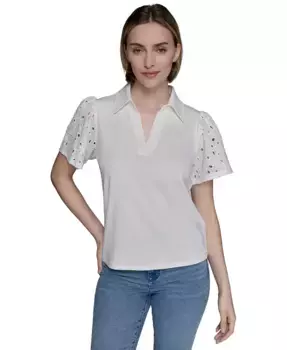 Женский топ из смесовой ткани с ажурной вязкой Eyelet Knit KARL LAGERFELD PARIS, белый