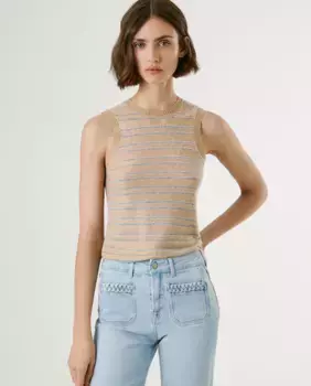 Женский топ из трикотажа с металлизированными полосками Pepe Jeans, бежевый