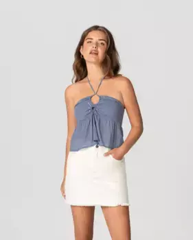 Женский топ кроп с рюшами и шнуровкой на горловине Noon, светло-голубой