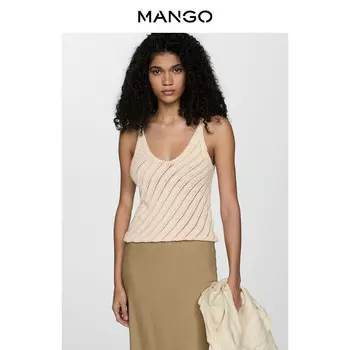 Женский топ Mango связанный крючком с круглым вырезом, бежевый