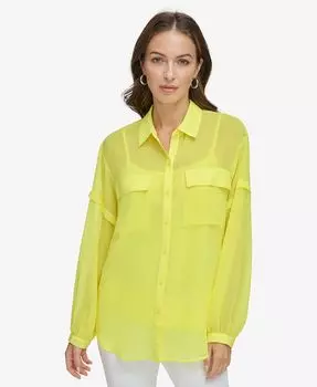 Женский топ на пуговицах с рукавами и завязками спереди DKNY, желтый