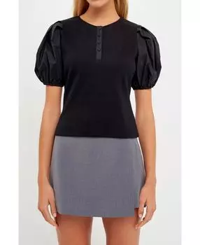 Женский топ на пуговицах смешанного цвета с пышными рукавами English Factory, черный