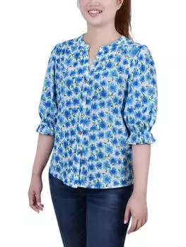 Женский топ Petites с разрезом на шее и цветочным принтом на пуговицах NY Collection, кремово-голубой