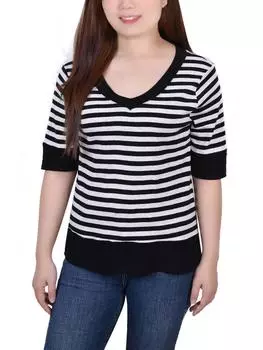 Женский топ-пуловер Petites с пуговицами на рукавах из хлопка NY Collection, черный/белый