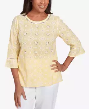 Женский топ Rise Shine с вышивкой цветочным узором, кружевными вставками, расклешенными рукавами и круглым вырезом Alfred Dunner, желтый