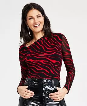 Женский топ с асимметричным вырезом и прозрачными рукавами с принтом I.N.C. International Concepts, красный