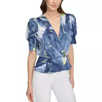 Женский топ с баской и подплечниками из сатина DKNY, цвет fluro yellow/inky blue multi