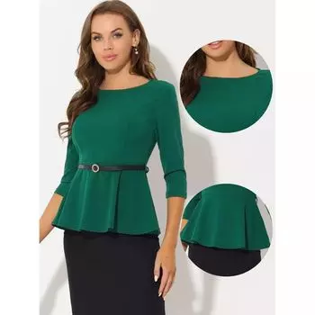 Женский топ с баской и поясом, элегантная деловая деловая блузка с рукавом 3/4 ALLEGRA K, синий