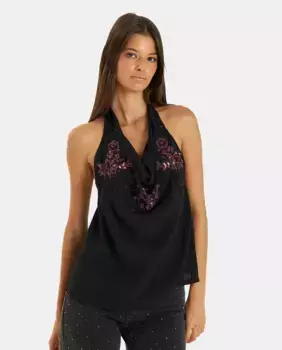 Женский топ с бретельками и цветочной вышивкой Alma en Pena, черный