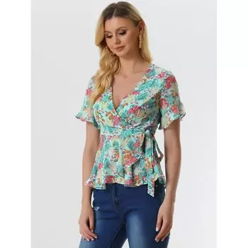 Женский топ с цветочным принтом и завязками на талии, V-образным вырезом, короткими рукавами и баской с запахом ALLEGRA K
