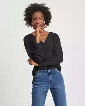 Женский топ с длинными рукавами и V-образным вырезом Vila, черный