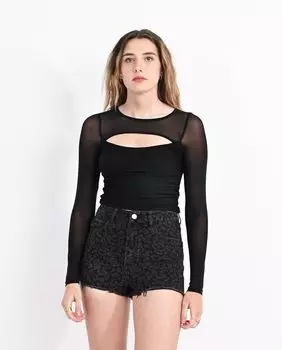 Женский топ с длинными рукавами, разрезом и прозрачной тканью Lili Sidonio, черный