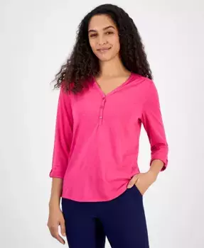 Женский топ с драпировкой, манжетами на рукавах и воротником хенли Kasper, розовый