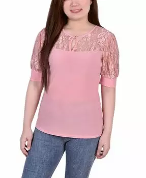 Женский топ с короткими пышными рукавами, кружевными рукавами и кокеткой NY Collection, фиолетовый