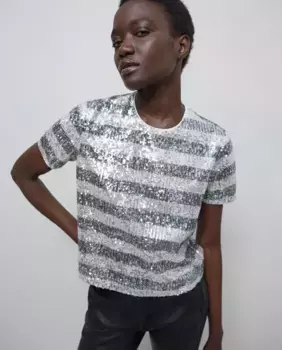 Женский топ с короткими рукавами и пайетками IKKS, бежевый