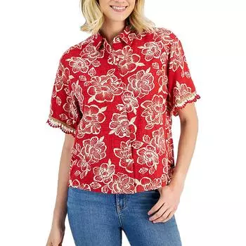 Женский топ с короткими рукавами и застежкой на пуговицы, связанный крючком Nautica, красный