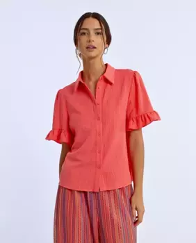 Женский топ с короткими рукавами, застегивающийся на пуговицы и оборками Lili Sidonio, коралловый