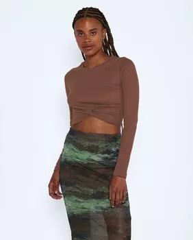 Женский топ с круглым вырезом и длинными рукавами Noisy May, темно коричневый