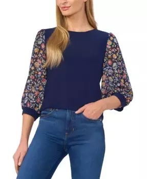 Женский топ с круглым вырезом и рукавами с цветочным принтом из комбинированных материалов CeCe, синий