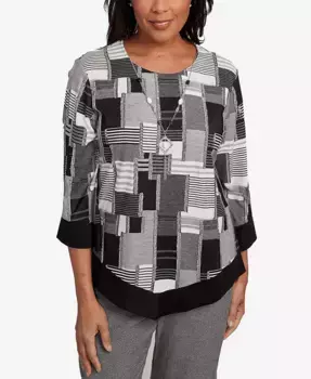 Женский топ с круглым вырезом Santa Barbara Patchwork с отделкой в черном цвете Alfred Dunner, мультиколор