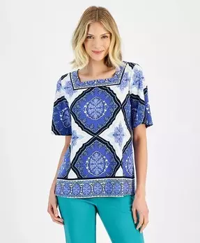 Женский топ с квадратным вырезом и короткими рукавами с принтом JM Collection, синий