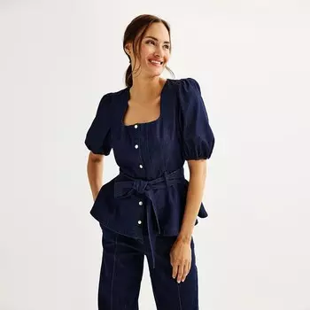 Женский топ с квадратным вырезом и поясом Nine West с пышными рукавами, цвет Mid Blue Denim Wash