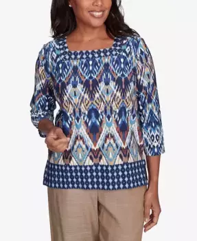 Женский топ с квадратным вырезом Summer Solstice Ikat Diamond Border Alfred Dunner, мультиколор