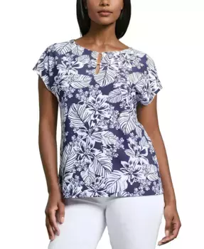 Женский топ с листовым принтом и удлиненными плечами Jones New York, синий