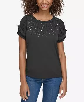 Женский топ с многослойными рукавами и присборенными украшениями KARL LAGERFELD PARIS, черный