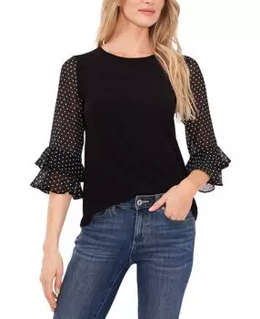 Женский топ с оборками и рукавами из смешанной техники CeCe, черный