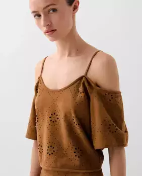 Женский топ с открытыми плечами и перфорированными деталями Scalpers, коричневый