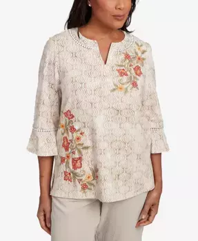 Женский топ с принтом Copper Canyon, цветочным рисунком, расклешенными рукавами и вышивкой Alfred Dunner, коричневый/бежевый