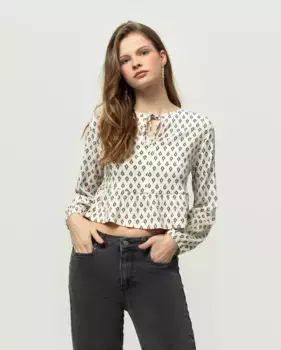 Женский топ с принтом, длинными рукавами и бантом на шее Noon, цвет Crudo