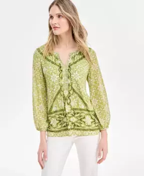 Женский топ с принтом, рукавами из шифона, стразами и разрезом на горловине JM Collection, зеленый