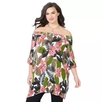 Женский топ с присборенным вырезом и рукавами с рюшами Catherines больших размеров, цвет Olive Green Tropical