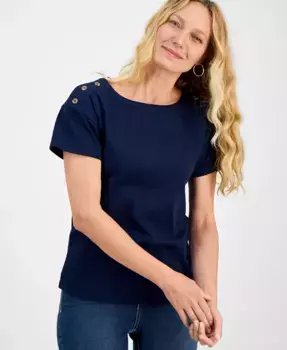 Женский топ с пуговицами на плечах из пима-хлопка Style & Co, синий