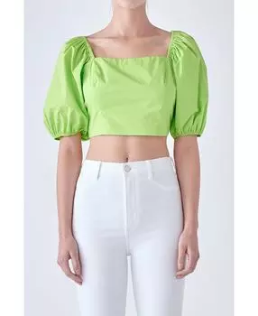 Женский топ с пышными рукавами и бантом сзади English Factory, зеленый
