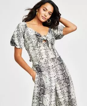 Женский топ с пышными рукавами и завязкой спереди с принтом Bar III, белый