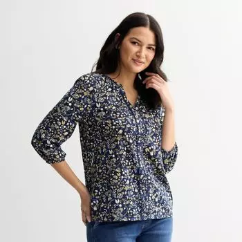 Женский топ с разрезом на горловине и отделкой в виде помпонами Croft & Barrow, цвет indigo harvest ditsy