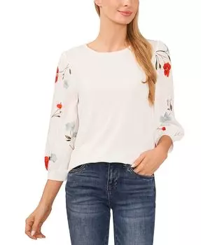 Женский топ с рукавами 3/4, смешанная техника, цветочный принт и рукава CeCe, белый