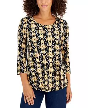 Женский топ с рукавом 3/4 с принтом медальона JM Collection, черный