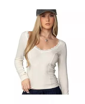 Женский топ с V-образным вырезом и отделкой из мелового кружева Edikted, коричневый/бежевый